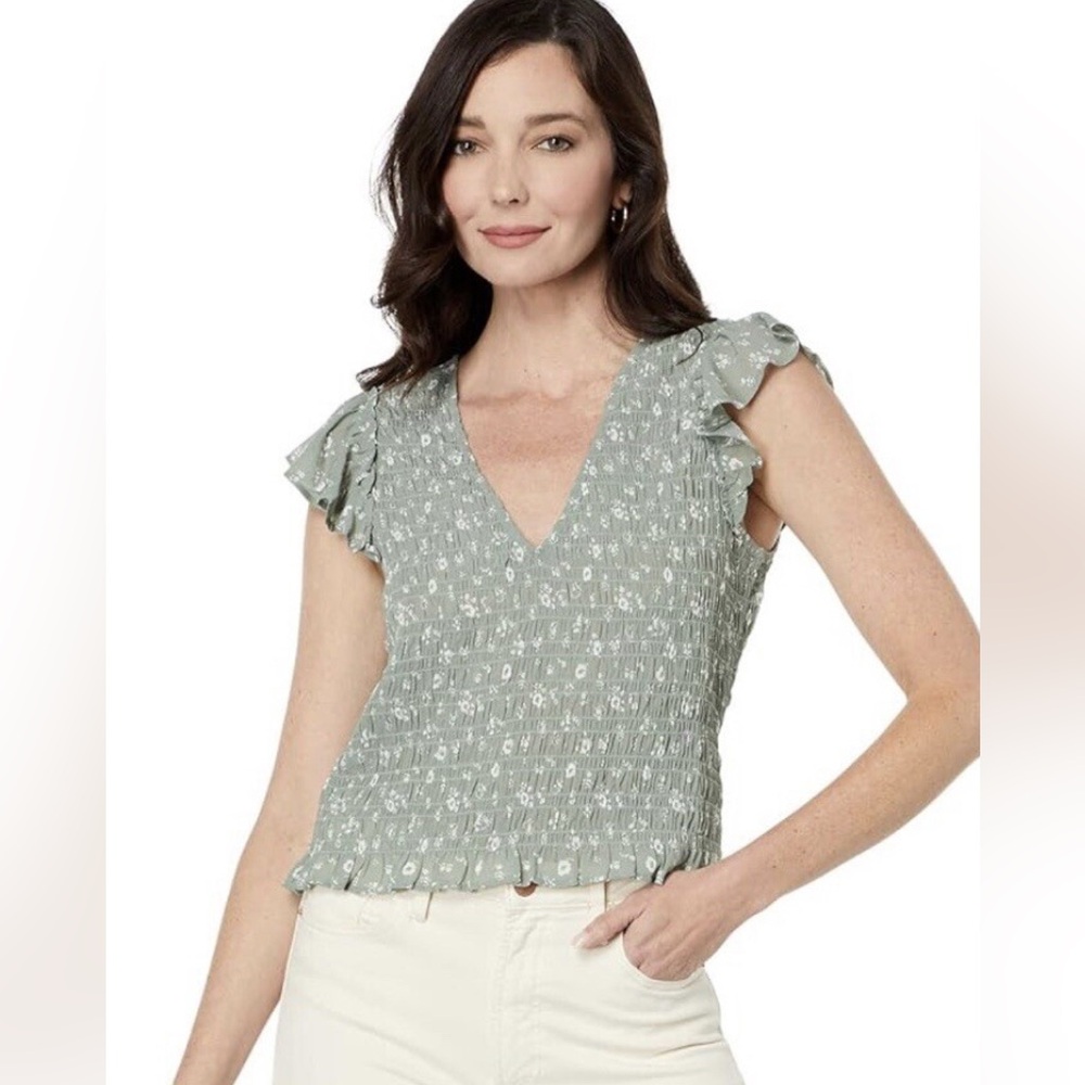 Madewell Sage Green Floral Smocked Flutter Sleeve Top